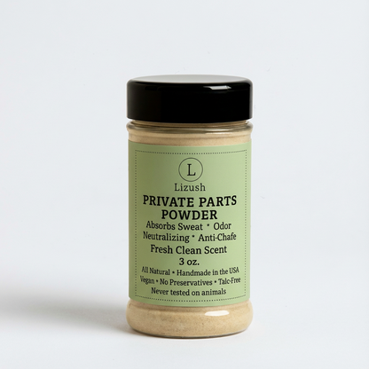 Jar of Private Parts Powder with green label on a white background